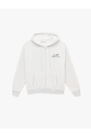 Koton Şardonlu Rahat Kalıp Cepli Uzun Kollu Fermuarlı Arkası Baskılı Kapüşonlu Sweatshirt Kar Melanj 6sal10260ık Gri Melanj