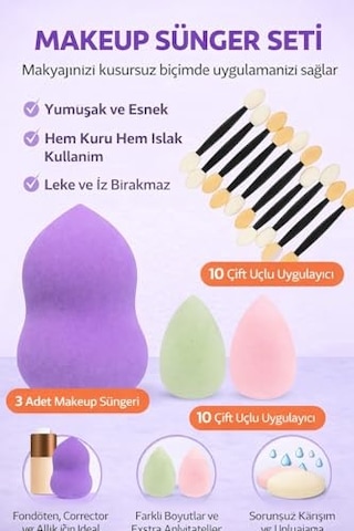 Makyaj Süngeri Seti, 3 Lü Beauty Blender Sünger Büyük, Mini Çift Taraflı Göz Farı Aplikatörleri, Fondöten, Kapatıcı Ve Kontür İçin Profesyonel Makyaj Süngeri Seti
