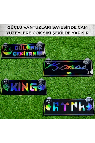 Kişiye Özel Hologram Vantuzlu Dekor Plaka Parlak Siyah Pleksi Oto Aksesuar Vantuzlu 22x7,5 Cm Lazer Kesim