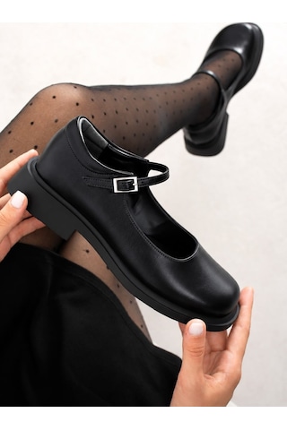 Dabab Shoes Berlın Kadın Siyah Cilt Mary Jane Yuvarlak Burun 2 Cm Kalın Taban Tokalı Babet Loafer Ayakkabı
