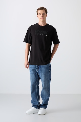 Tommy Life Siyah Pamuklu Kalın Yumuşak Dokulu Oversize Fit Baskılı Erkek T-shirt - 88331 Siyah