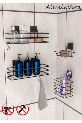 Siyah Paslanmaz Yapışkanlı Metal Banyo Rafı Düzenleyici 4'lü Set Kancalı Duş Rafı Sabunluk Rafı Siyah