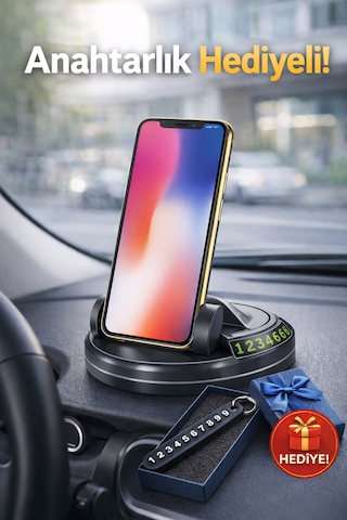 Numaratörlü Araç İçi Telefon Tutucu 360 Derece Döner Torpido Üstü Telefon Standı Hediyeli SİYAH,GRİ
