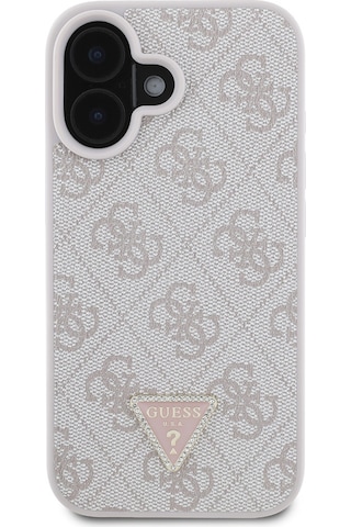 Apple Uyumlu iPhone 16 Kılıf Guess Lisanslı Pu Deri Taşlı Üçgen Logo 4g Desenli Strass Kapak Pembe