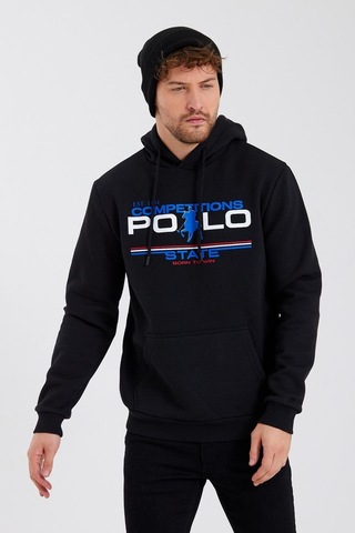 Polostate Erkek Kapüşonlu Baskılı 3 İplik Sweatshirt Siyah