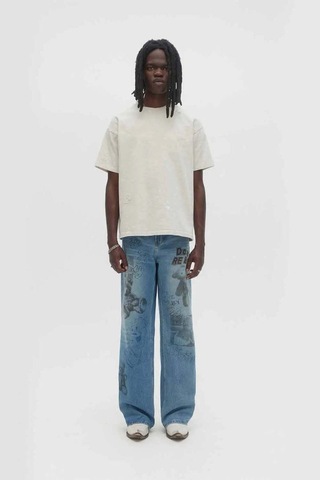 Domrebel Relaxed Fit Bootcut Jean: Orijinal Sanat Detaylarıyla Rahat Denim Pantolon Mavi