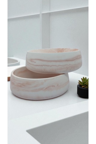 2 Adet Mermer Desenli Taş Kase Çok Amaçlı Mermer Kase Banyo Takımı 18 Cm Beyaz