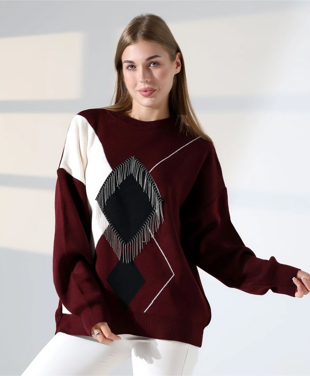Redmina Fashion Geometrik Desenli Oversize Kadın Kazak Bordo - Siya
