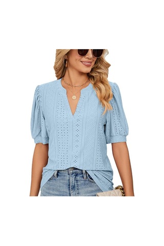 Yaz Katı Dantel Kadın Gömlek Zarif Içi Boş Puf Kısa Kollu Kazak Bluz Kadın Rahat V Yaka Gevşek Kadın Üstleri Blusas 24698 Açık Yeşil