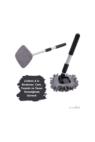 180 Döner Başlıklı Teleskopik Araç Cam Ve Torpido Temizleme Aparatı 3 Farklı Mikrofiber Bezli