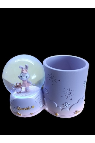 Tavşan Figürlü 15cmx10cm Ebat Pilli Işıklı Dekoratif Kar Küre Kalemlik 15cm X 10cm
