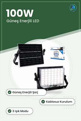 Solar Projektör 100w Güneş Enerjili Led Işık Kamp Bahçe Dış Mekan
