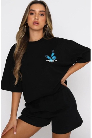 Kelebek T-shirt Şort - Siyah Alt Üst Kombin Şort Tişört Takım Baskılı Oversize Bisiklet Yaka Siyah