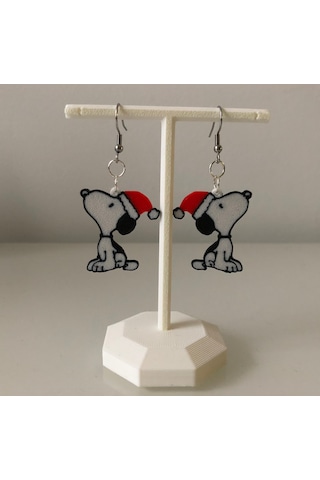 Snoopy Noel Şapkalı Yılbaşı Küpe Çifti - Sevimli Karakter Temalı Eğlenceli Kış Aksesuarı Beyaz