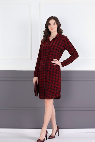 Polologin Butik Bordo Siyah Kazayağı Desenli Gömlek Elbise Bordo