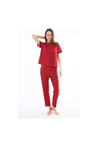 Premium Kadın Pijama Takımı Kırmızı Kalp Desenli Yumuşak Dokulu Kısa Kollu Bisiklet Yaka Kırmızı