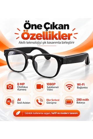 Yapay Zeka Destekli Akıllı Gözlük 8 Mp Kamera, 1080p Video, Wi-fi, Fotokromik Lens Ve 3 Lens Seti
