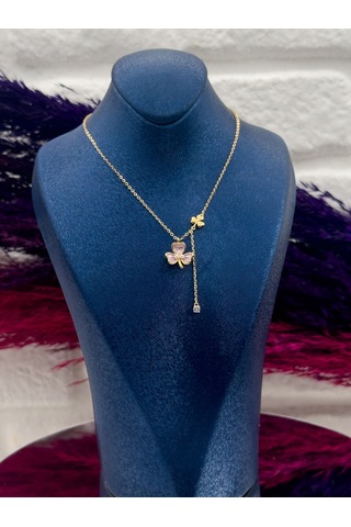 925 Ayar Gümüş Gold Renk Mineli Kelebek Modeli Zarif Kadın Kolye Gümüş