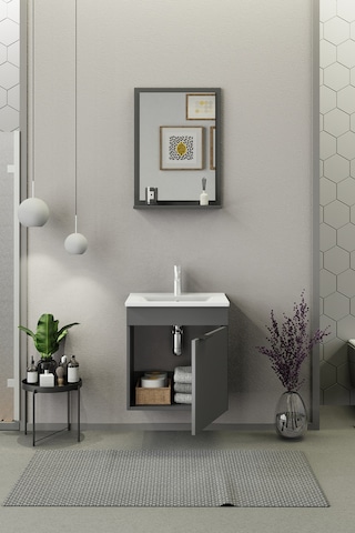 Biani Fix Arya 55 Cm Banyo Dolabı,Seramik Lavabolu, Aynalı,Lavabo Dahil,Mdf,Mat Gri