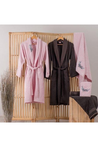 BAMBU 6 PARÇA AİLE BORNOZ SETİ NAKIŞLI PERLA PEMBE ANTRASİT Pembe