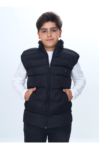 Toontoy Erkek Çocuk Su İtici Dik Yaka Fermuarlı Cepli Şişme Yelek Siyah