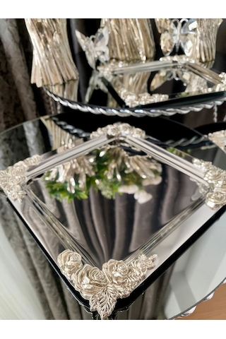 Atabey Home Collection 6'lı Kahve & Çay & Sunum Tepsisi Metal Döküm Kare Gümüş Gül Model