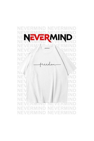 Nevermind Erkek Oversize Freedom Baskılı Erkek Tişört Yazlık Rahat Pamu Beyaz