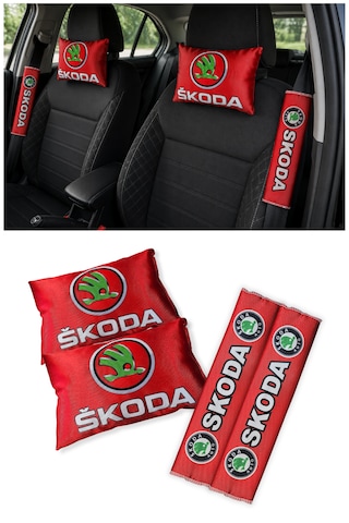 Skoda Araçlar İçin Seyahat Boyun Yastığı & Emniyet Kemer Kılıfı - Dijital Baskılı İkili Konfor Seti Kırmızı
