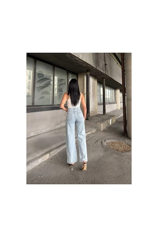 Kene Jeans Çift Diz Lazer Yırtık Buz Kar Bol Paça Jeans Buz Kar