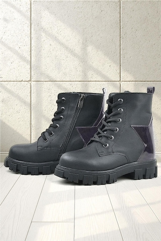 Rakerplus Siyah Hakiki Deri Platin Yıldız Detaylı Kız Çocuk Bot Siyah