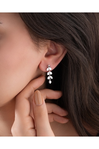 925 Ayar Zirkon Taşlı Rodyum Zeytin Dalı Hareketli Çivili Gümüş Küpe Re10220