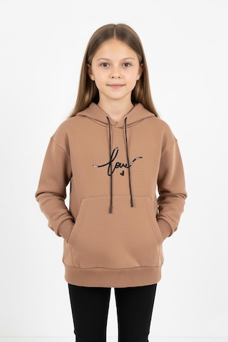Kapşonlu Love Baskılı Kanguru Cepli Kız Çocuk Sweatshirt-90858 Kahverengi