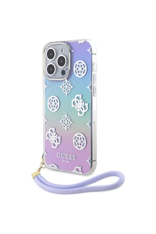 Apple Uyumlu iPhone 15 Pro Max Kılıf Guess Lisanslı Desenli Yazı Logolu Askı İpli Holografik Glitter Peony Siyah