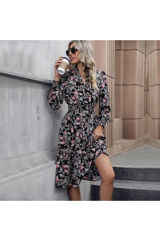 Bahar Kadın Elbise Mizaç Zarif Baskılı Uzun Kollu Çiçekli Elbise Açık Mavi