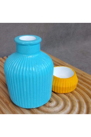 Uretti - Pınar 2572 1733 El Yapımı Vazo Ve Tealight Mumluk 2'li Dekoratif Set Mavi - Sarı