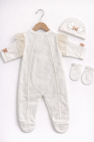Kardeşler Bebe Kadife Kız Bebek Dantelli Fiyonklu 3 Lü Tulum Seti Ekru