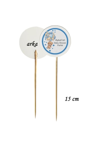 15 Cm Uzun Kürdan - 20 Adet Kişiye Özel Baskılı Mavi Baby Shower Partisi Pasta Kürdanı -1