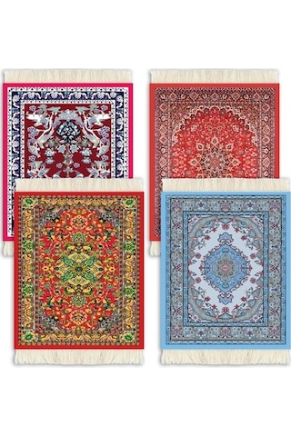Primepickings 4 Adet Set Halı Altlığı Oryantal Tasarım Halı Içecek Matı Püskül Halı Altlığı Yalıtım Pedi Dal