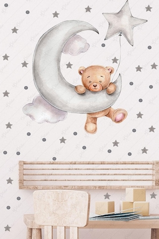 Ayda Sallanan Sevimli Ayıcık Puantiye Ve Yıldızlar Çocuk Bebek Odası Sticker Seti