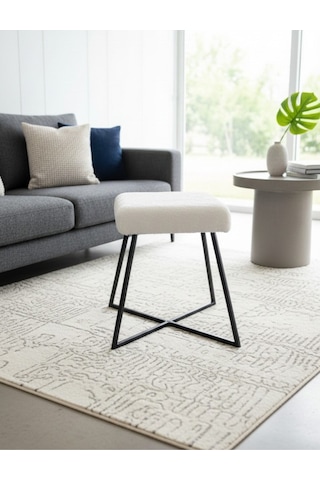 Özcan Metal Metal Puf Teddy Kumaş Dekoratif Çok Amaçlı Peluş Puf Tabure Bench Koltuk Sandalye Beyaz