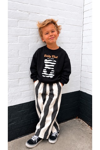 Elzo Collection Erkek Çocuk Teddy Baskılı Siyah Sweatshirt Çizgili Siyah Ekru Gabardin Denim Kot Alt Üst Takım Ekru - Siyah