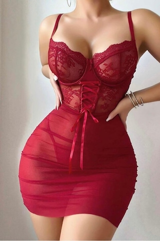 Selveta Bordo Büstiyer Kesim Dantel Babydoll Gecelik Özel Geceler İç Giyim