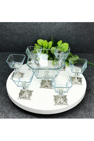 Çnr Home Collection Karen 7 Parça Döküm Ayaklı Sunumluk Seti Magnolia Dondurmalık Jup & Salata Kase Seti Gümüş