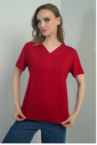 By Saygı Kadın V Yaka Yırtmaçlı Kısa Kol Bluz-40707 Bordo