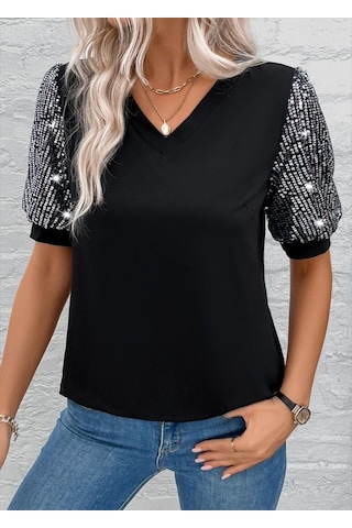 Kadın Kısa Kollu V Yakalı Pul Payet Detaylı Viskon Bluz Siyah