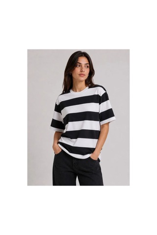 Butik İstanbul Çizgili Oversize Tişört Bisiklet Yaka Kısa Kol Yazlık T-shirt - Siyah
