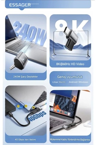 Essager Type-c To Type-c 240w 40gbps 8k+4k Usb 4.0 Ce Lisanslı Çevirici Dönüştürücü Adaptör