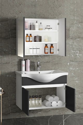 Yıldız 80 Cm Beyaz-antrasit Gri Mdf Asma Banyo Dolabı Takımı Beyaz - Antrasit