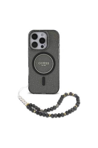Apple Uyumlu iPhone 16 Pro Max Kılıf Guess Lisanslı Magsafe Özellikli Simli Silikon İnci Bileklikli Siyah