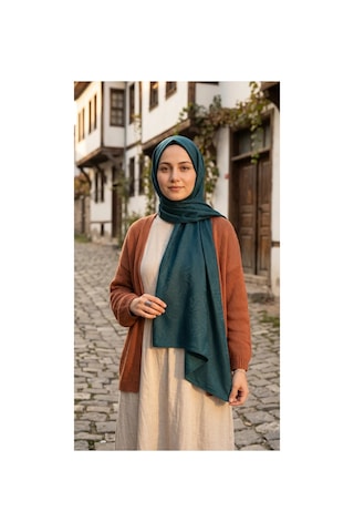 Nukra Jakarlı Pamuk Tesettür Şal Osmanlı Desen Zümrüt Yeşili 70 X 190 Cm